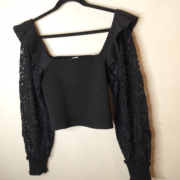 Express Lace Sleeve Smocked Top Balloon Sleeve Ruffled - Picture 2 of 10